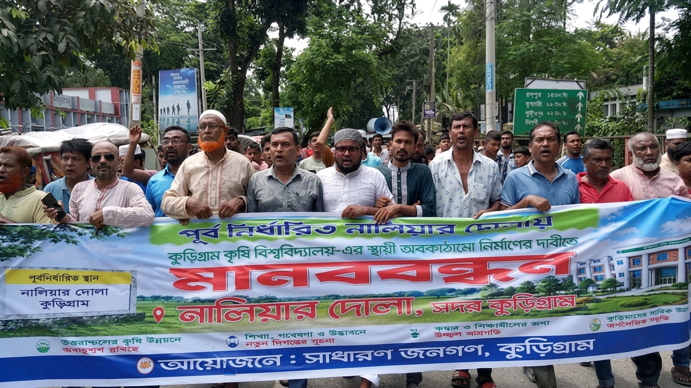 কুড়িগ্রামে কৃষি বিশ্ববিদ্যালয়ের স্থায়ী ক্যাম্পাস নালিয়ার দোলায় চেয়ে স্থানীয়দের মানববন্ধন